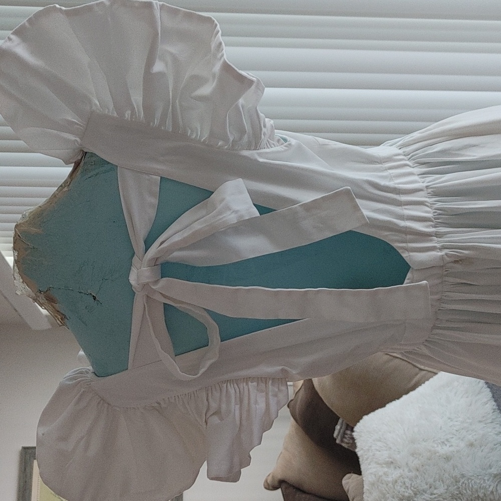 White Ruffled V‑Neck High‑Low Wedding Dress - Picture 6 of 13